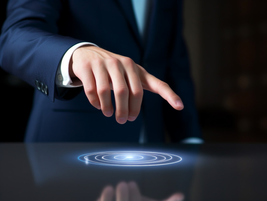 A businessman in a suit is pointing at a button, seo stock images for marketing campaigns