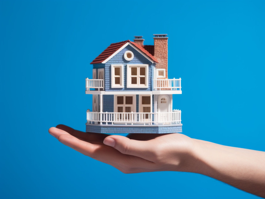 A hand holding a house with a blue background, home loan stock image