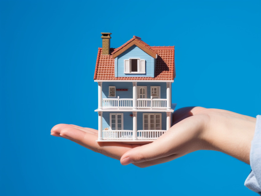 A hand holding a house with a blue background, home loan stock image