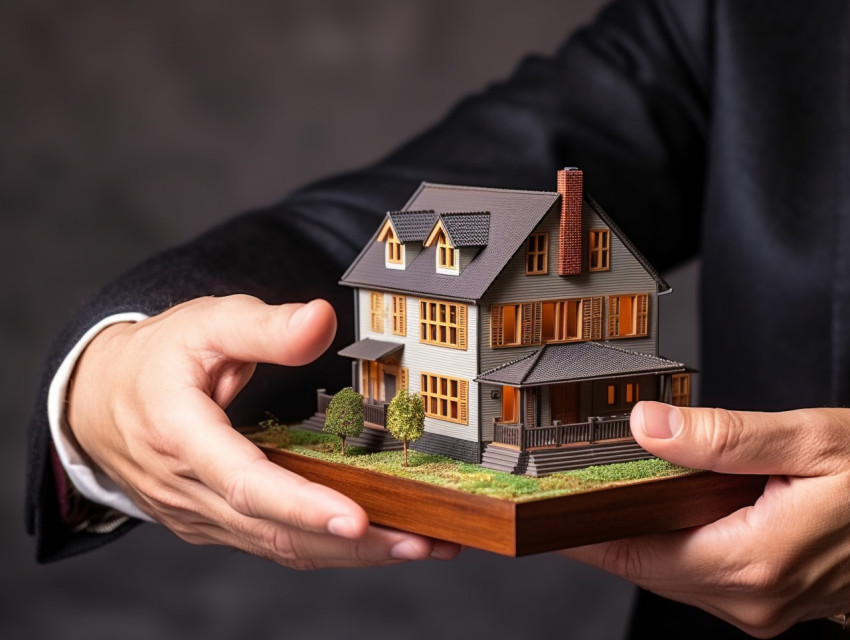 A photo of a hand holding a house new offers in the real estate market, home loan stock image