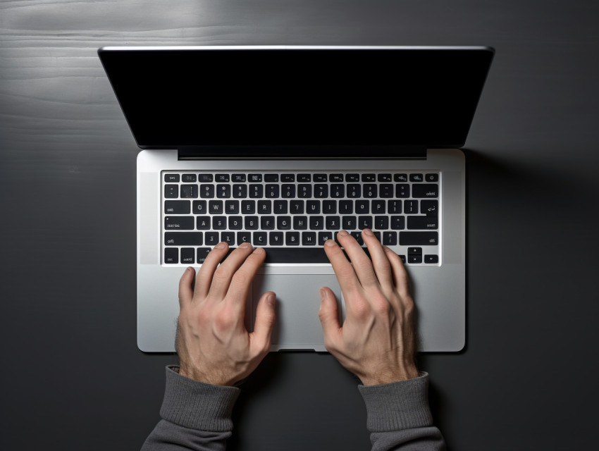 A hand in laptop typing in top view of computer with some on office desk, seo stock images for marketing campaigns