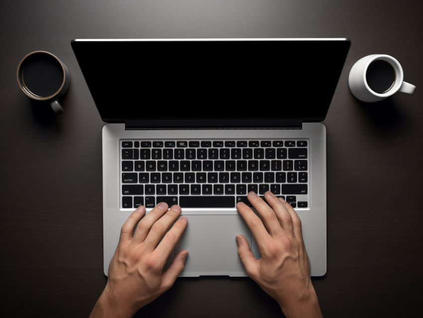 A hand in laptop typing in top view of computer with some on office desk, seo stock images for marketing campaigns