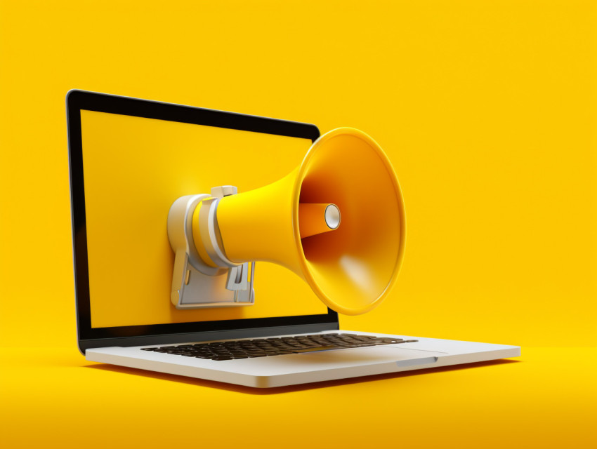 A laptop with a big metal megaphone on it, seo stock images for marketing campaigns