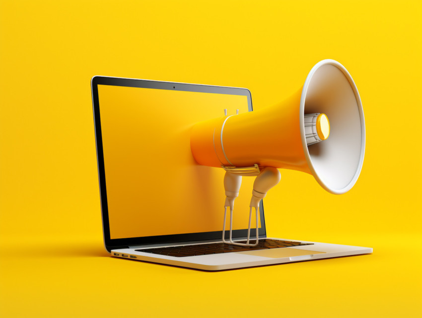 A laptop with a big metal megaphone on it, seo stock images for marketing campaigns