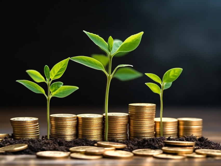 A model of miniature wooden houses a young green sprout of leaves sprouting from gold coins, finance stock photo