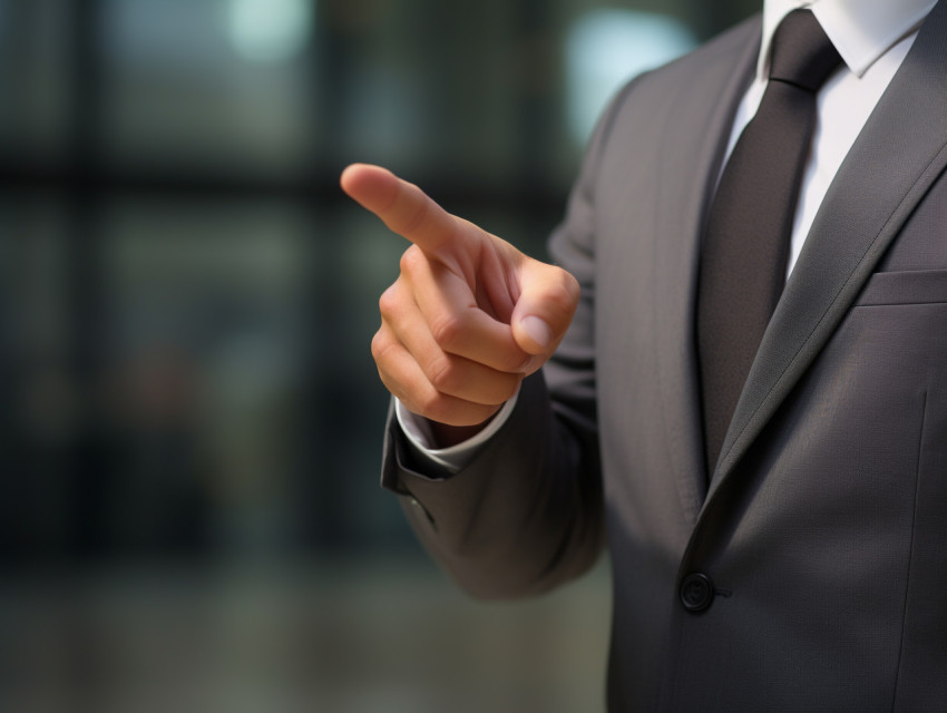 Businessman in business suit with finger up pointing at something with finger down on grey