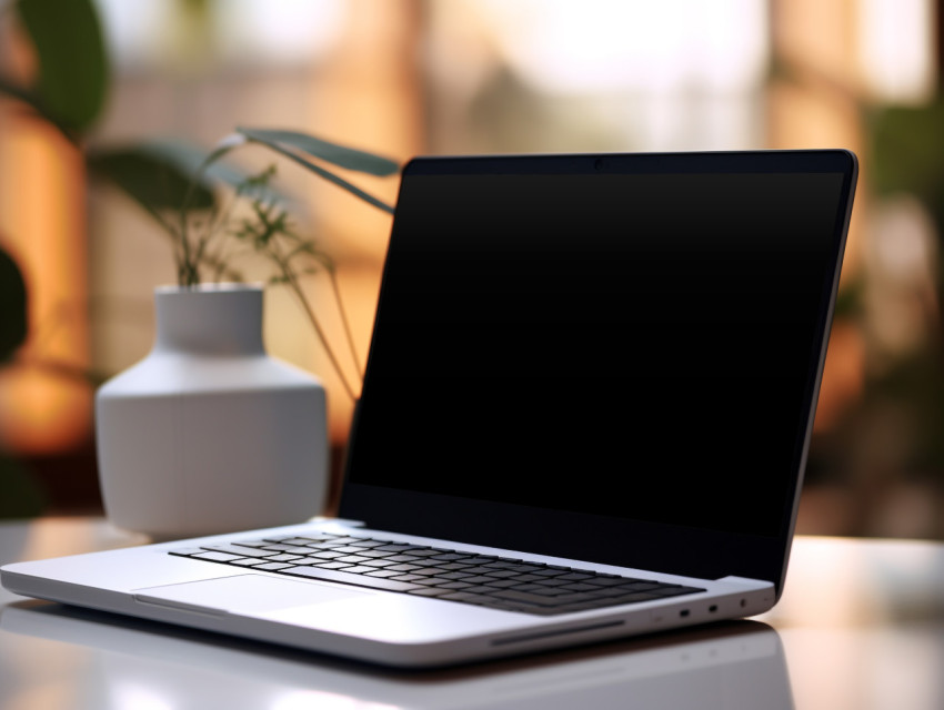 Laptop sitting on a desk with plant, seo stock images for marketing campaigns