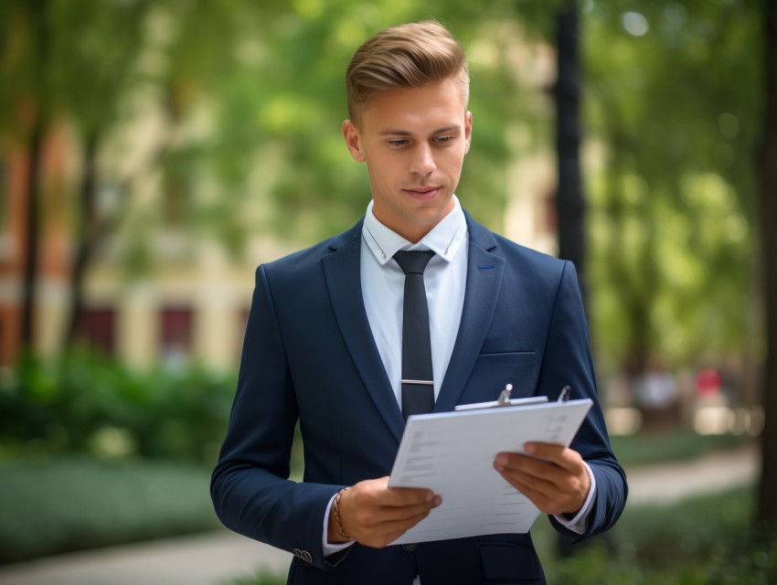 A photo of a young businessman with clipboard, free ai prompts for hr