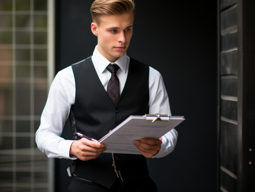 A photo of a young businessman with clipboard, free ai prompts for hr