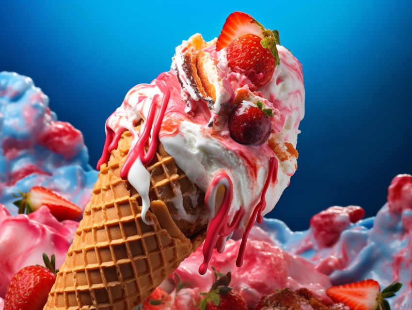 Cornet ice cream with a strawberry scoop on a colorful surface, free ai prompts for ice cream scoop