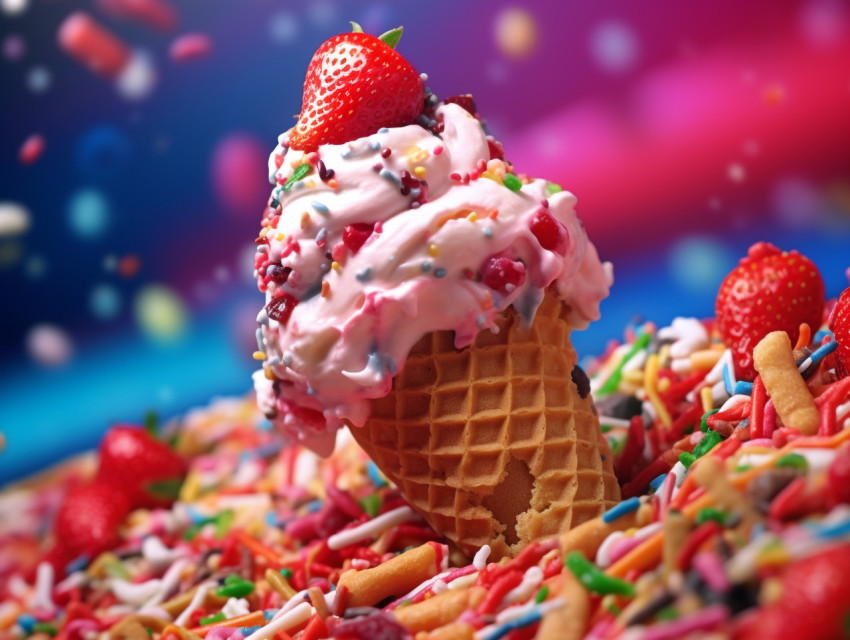 Cornet ice cream with a strawberry scoop on a colorful surface, free ai prompts for ice cream scoop