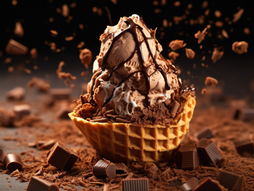 A photo of a chocolate ice cream dessert, free ai prompts for ice cream scoop