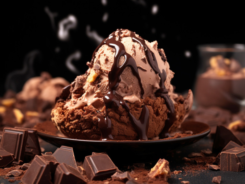 A photo of a chocolate ice cream dessert, free ai prompts for ice cream scoop