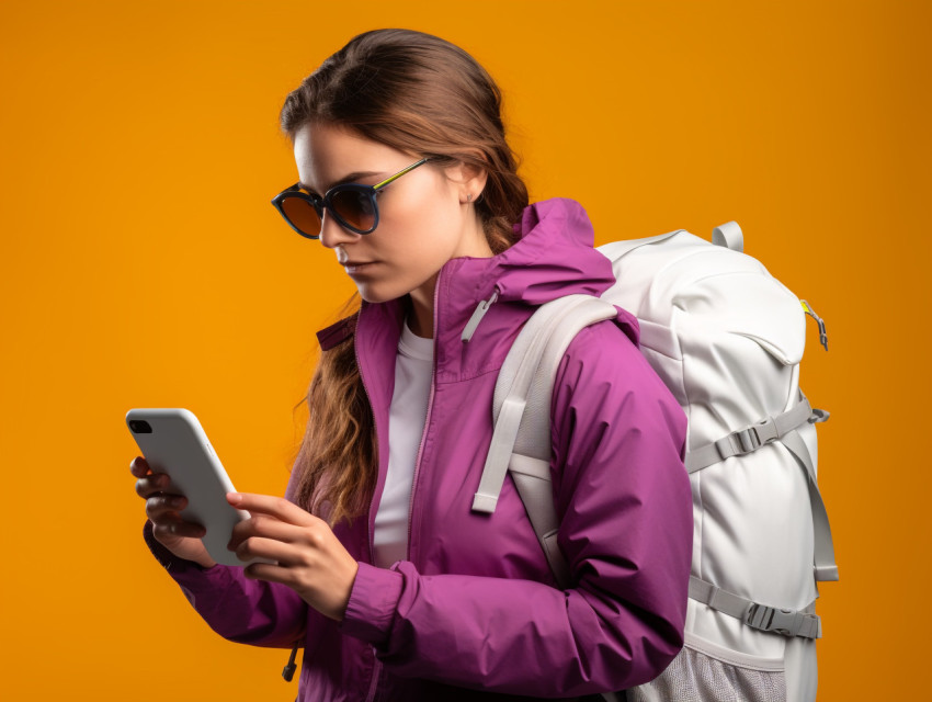 Backpacking Woman Checking Social Media