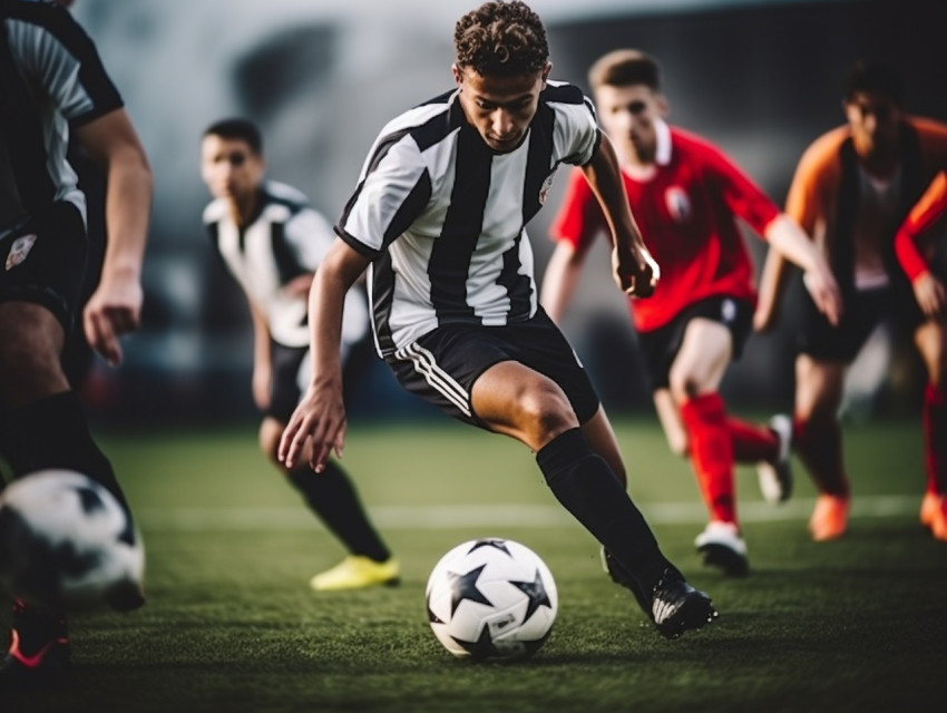 The soccer player is dribbling the ball through a crowd