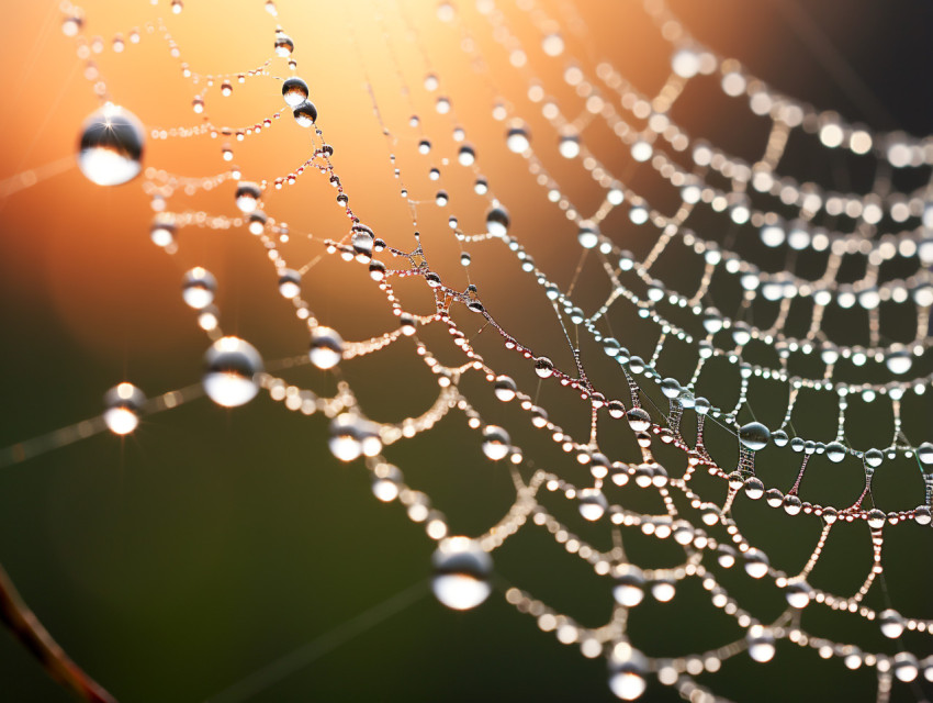 A single drop of dew glistens on a spiderweb