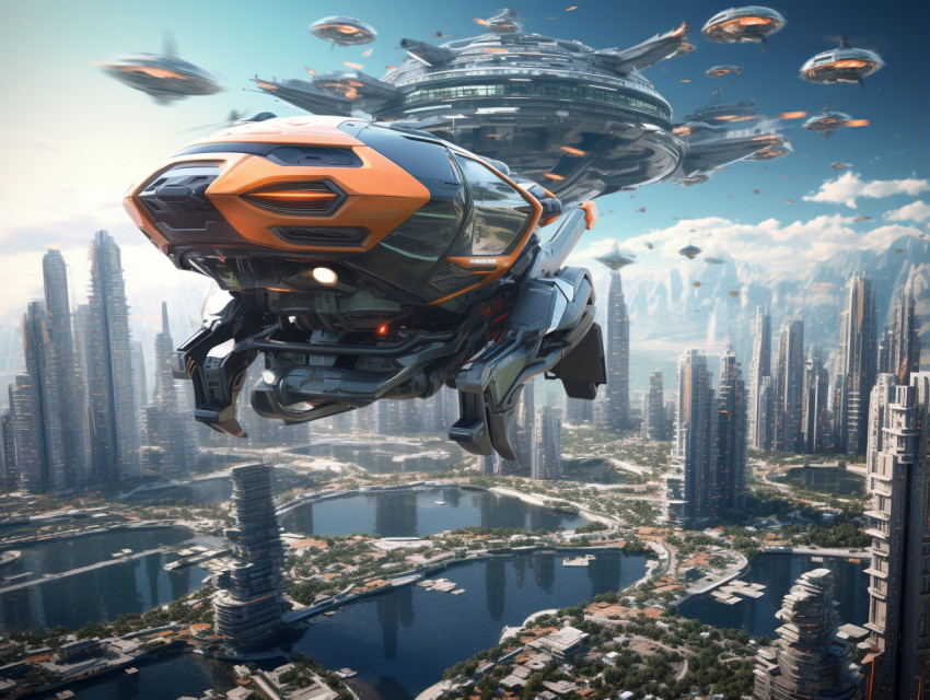 Flying car in the modern city