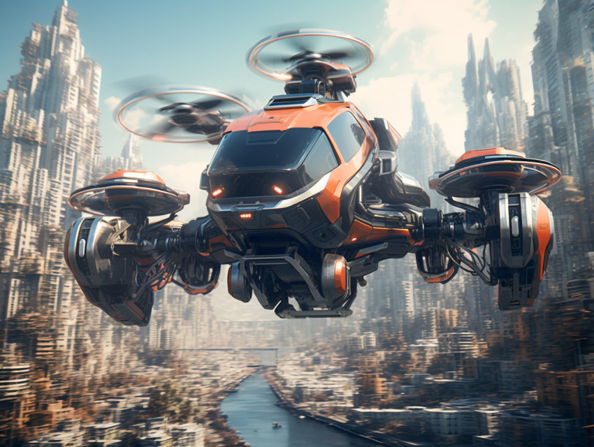 City in the sky with flying car