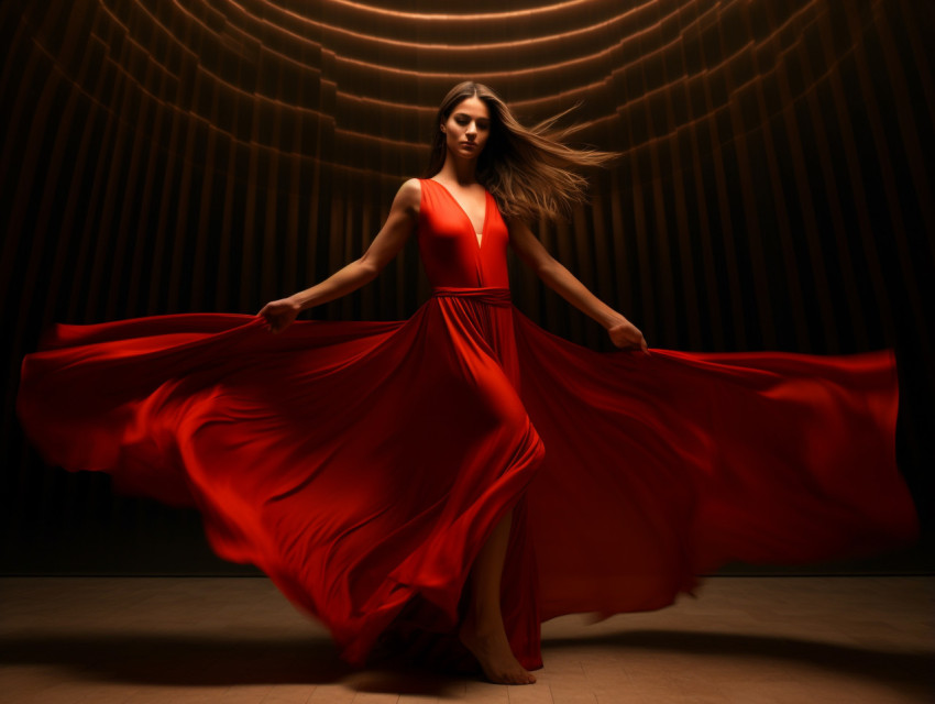 Woman in Red Dress Dancing Passionately