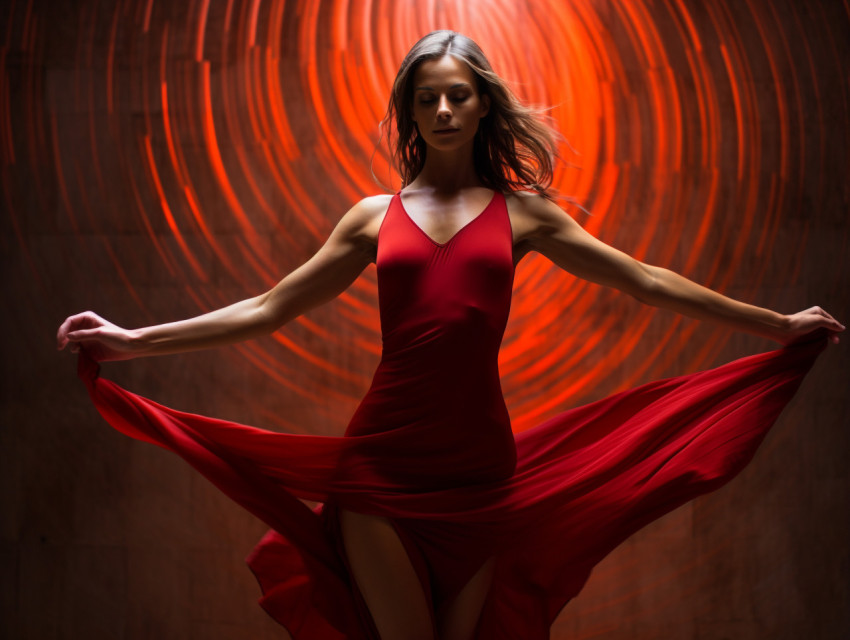 A woman with a red dress does a dance