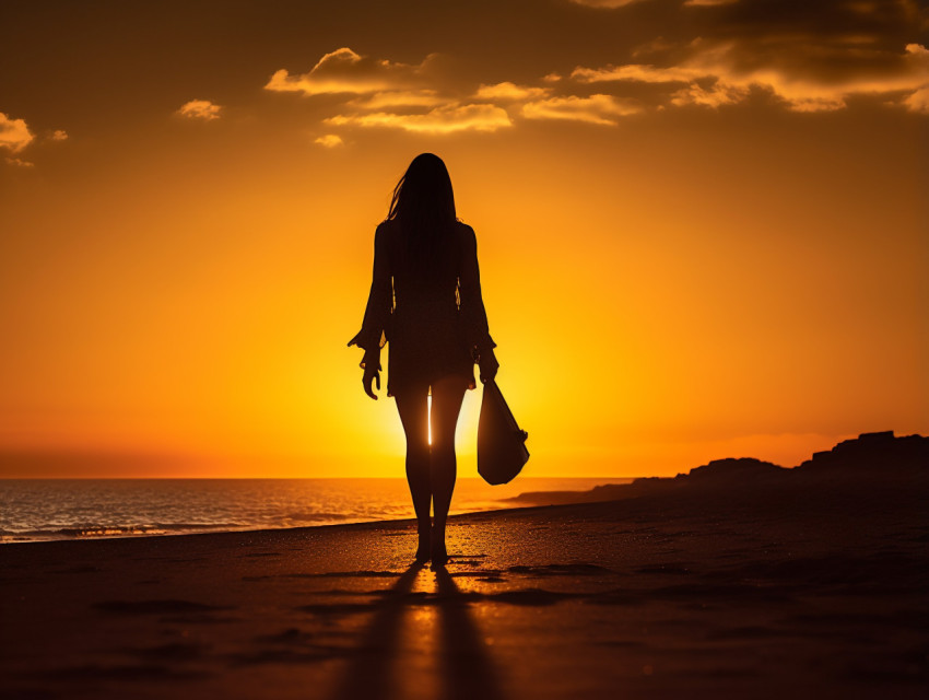 Silhouette of person walking on beach at sunset