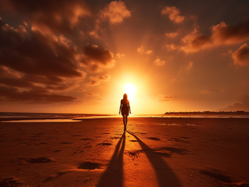 A silhouette of a person walking on a beach at sunset