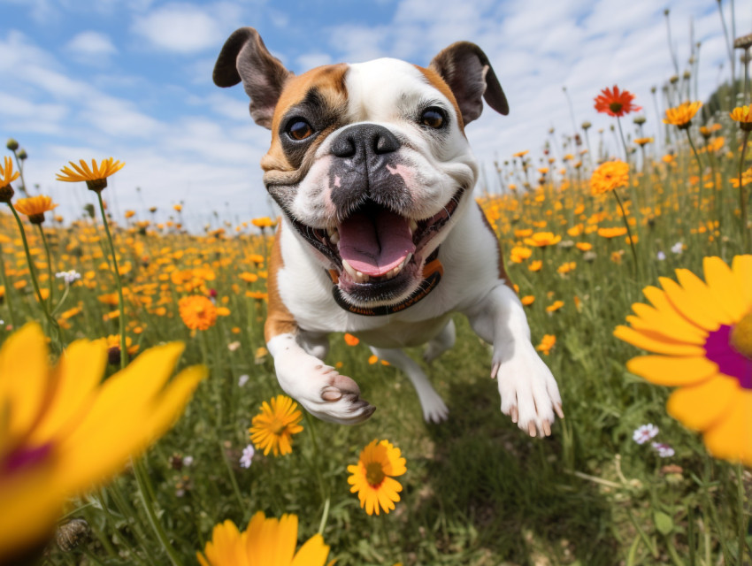 Dog frolics in field of flowers