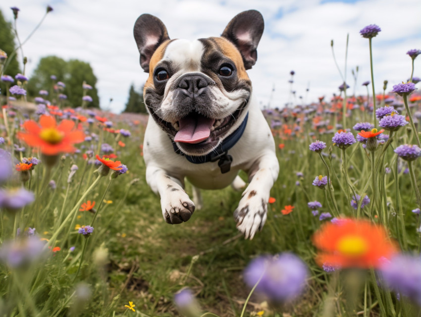 Pug enjoys a day in the tulips