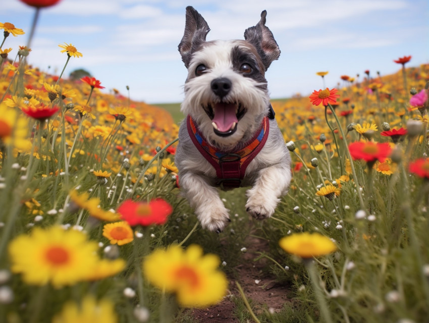 A dog running through a field of flowers