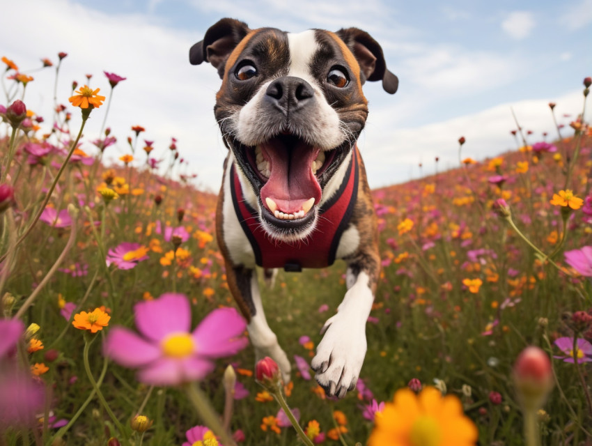 Happy dog runs through meadow