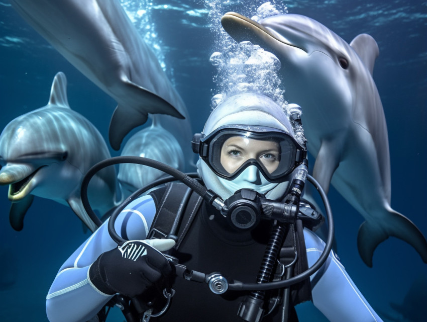 Diver and Dolphins Play in the Ocean