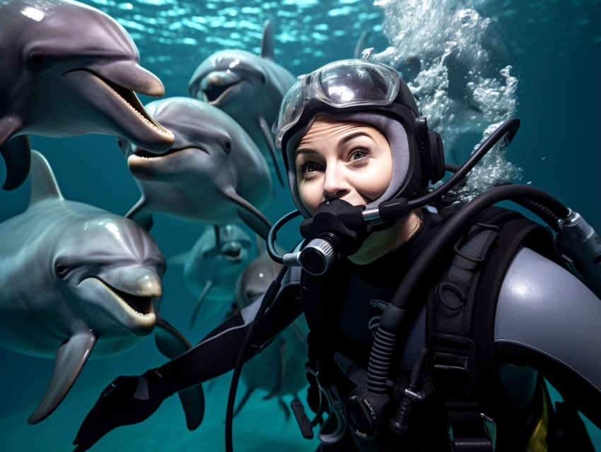 A diver swimming with dolphins