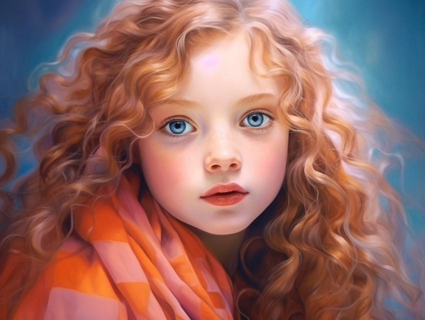 Girl with long curly hair in an orange scarf looking at camera