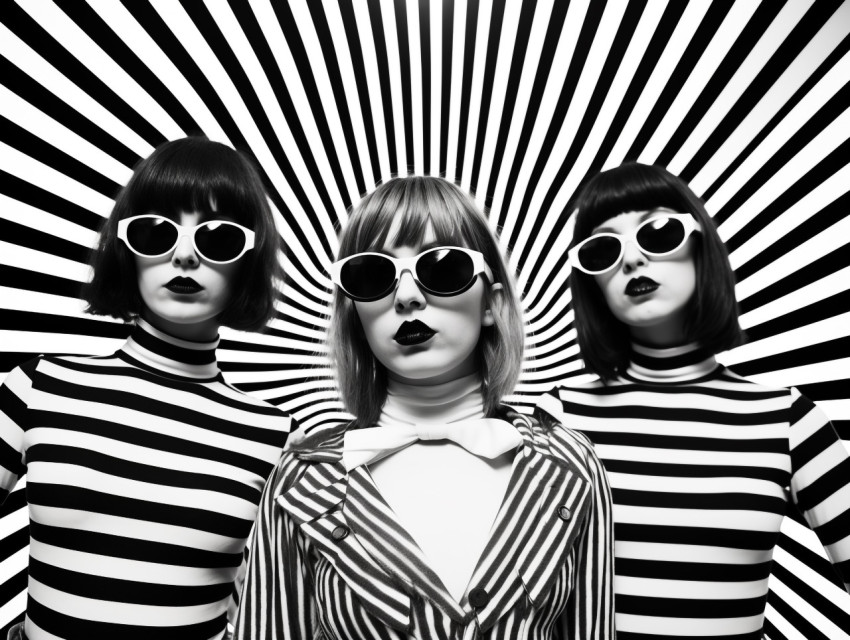 Three Women in Black and White Striped Outfits