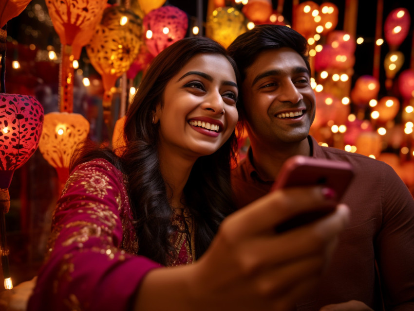 Two people are taking a photo of themselves in front of a Diwali