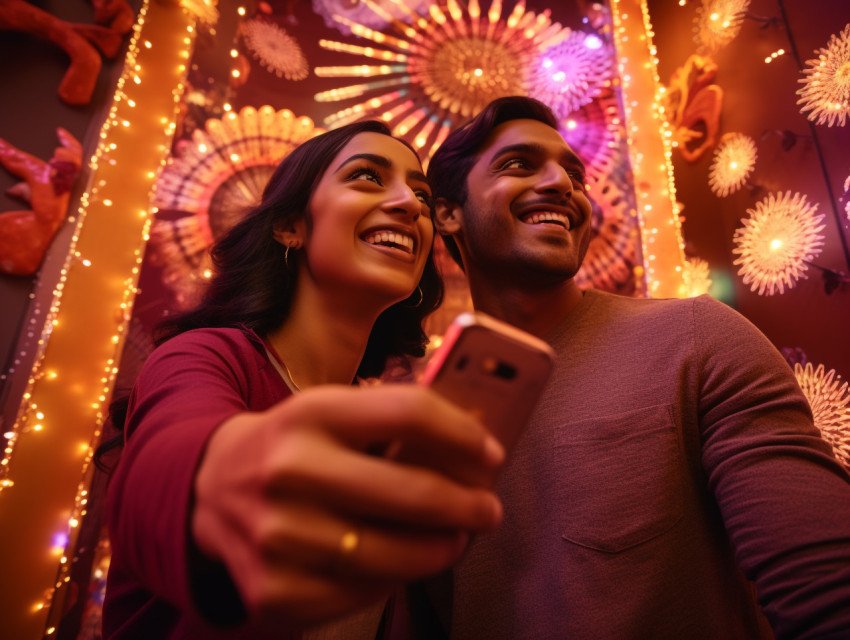 Two people are taking a photo of themselves in front of a Diwali