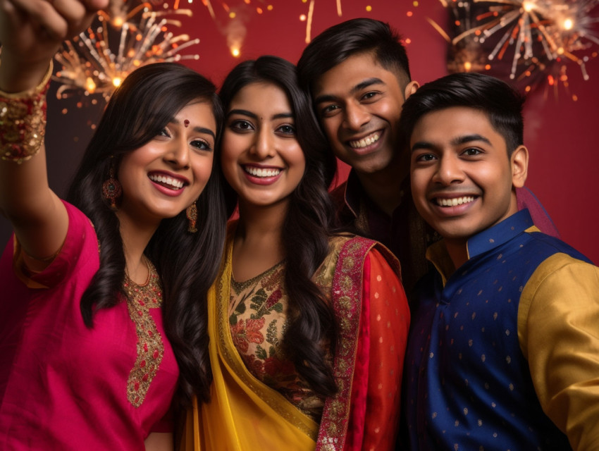 Two Indian couples taking a photo of themselves in front of a ba