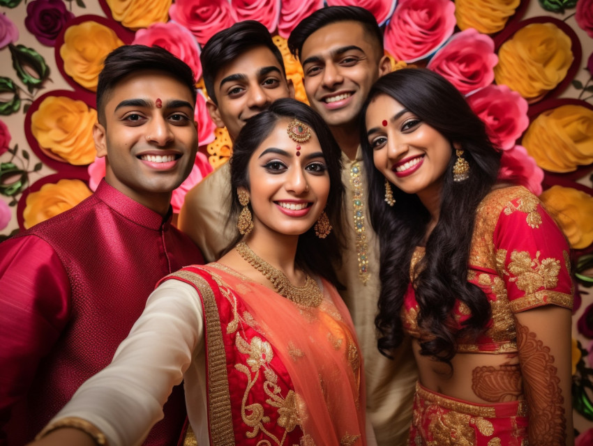 Two Indian couples taking a photo of themselves in front of a ba