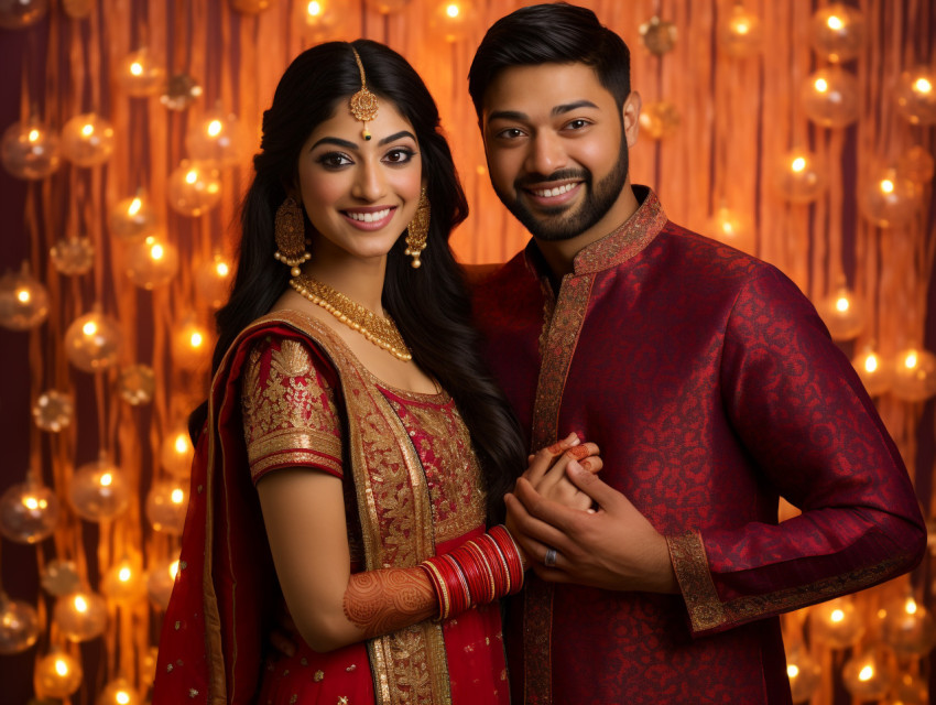 A man and woman wearing Indian clothes are taking a picture in f