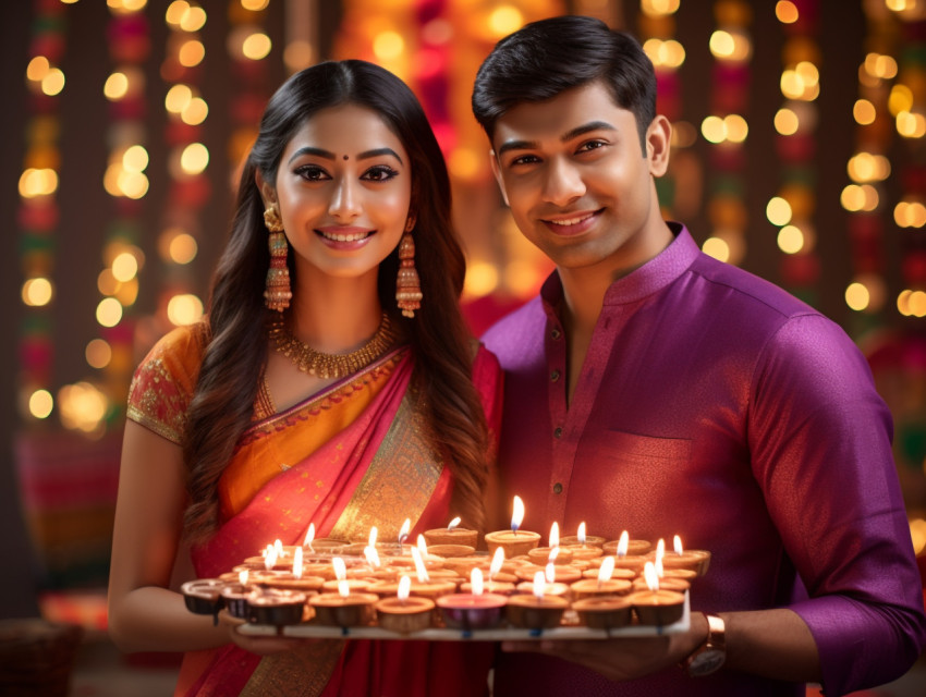 A young Indian couple wearing traditional Diwali clothes, standi