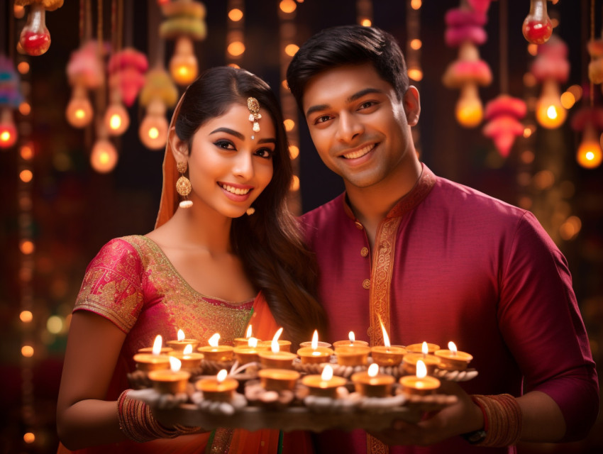 A young Indian couple wearing traditional Diwali clothes, standi