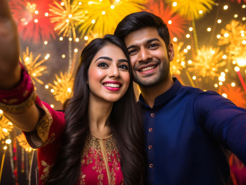 Indian couples taking a photo of themselves in front of a backdr