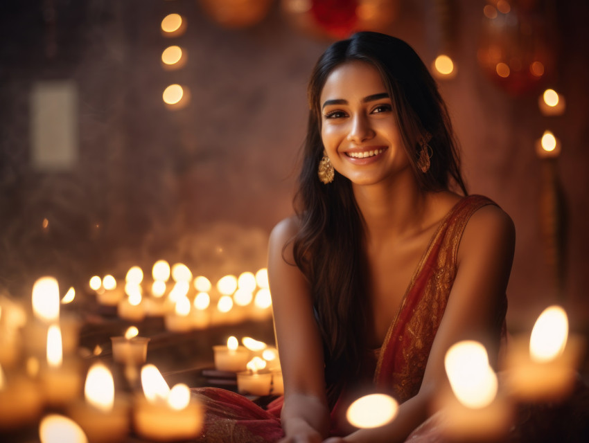 Smiling Indian woman by candlelight