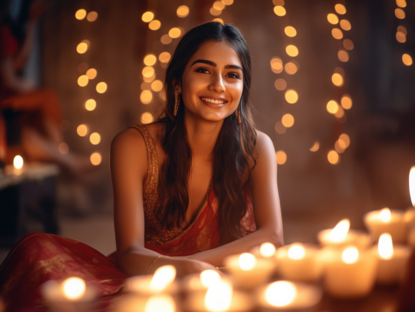 Smiling Indian woman by candlelight