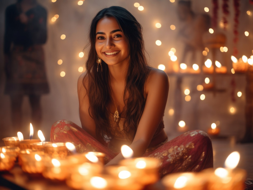 Smiling Indian woman by candlelight