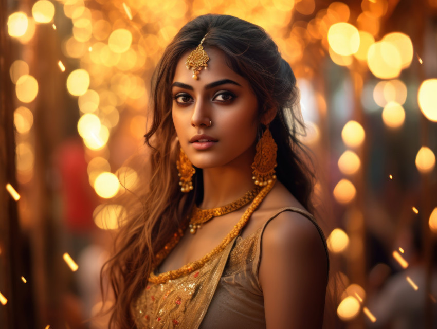 Young Indian girl wearing a traditional sari and gold hair ornaments