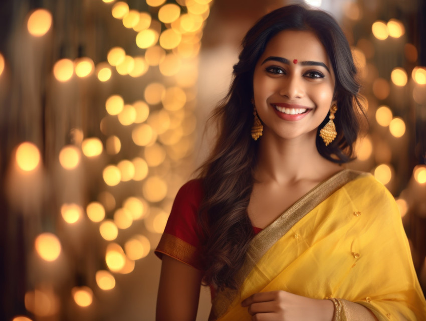 Indian woman in traditional yellow saree exudes joy with a warm smile