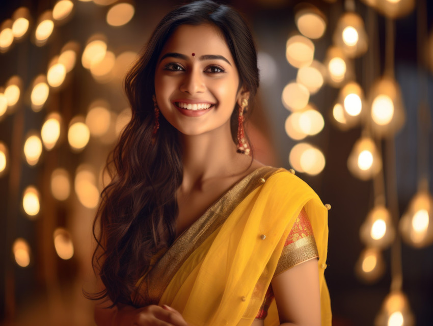 Indian woman in traditional yellow saree exudes joy with a warm smile