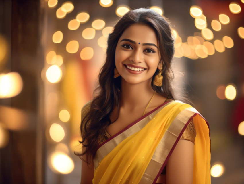 Indian woman in traditional yellow saree exudes joy with a warm smile