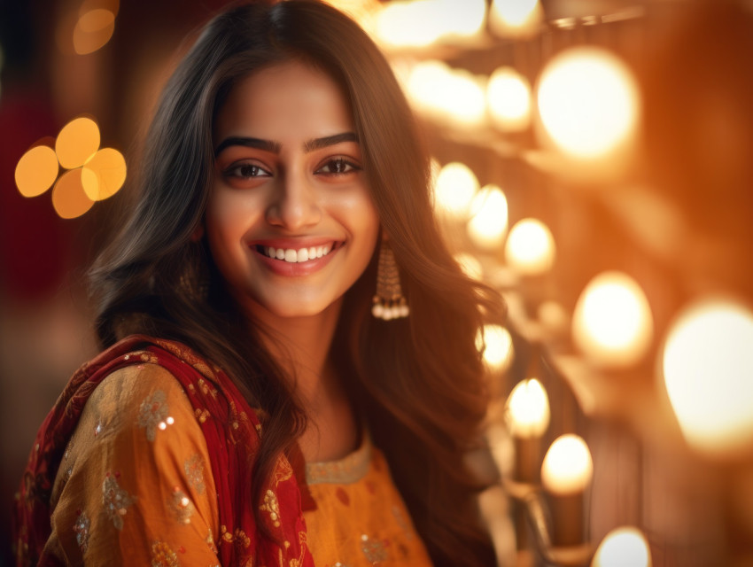 Radiant Indian woman glows amidst sparkling lights